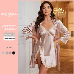 Damen Nachthemd Und Morgenmantel Aus Satinimitat Mit Spitze Sexy Nachtwäsche Loungewear Elegant V Ausschnitt