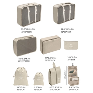 Detailed size chart for 9-piece beige waterproof travel organizer set with mesh