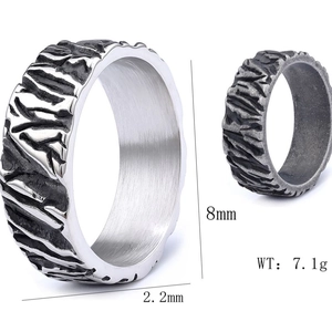 Vintage Viking style stainless steel ring with 8mm bark texture and polished inner