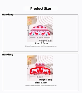 Size chart showing 8.5cm Christmas hair claws with reindeer and snowflake patterns