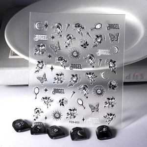 5D Geprägte Nagelkunst Aufkleber Gotisch Engel Cherub Schmetterling Mond Stern Design Retro Barock Wasserdicht Damen