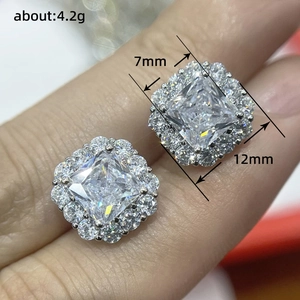 Square princess cut stud earrings with halo setting in silver finish, 12mm size