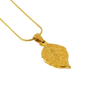Golden leaf pendant necklace with lucky Chinese script on sleek snake chain