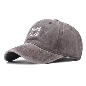 Detail of God's Plan embroidery on washed grey cotton vintage style baseball cap