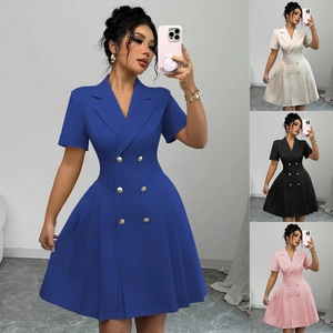 Korte Mouwen Blazerjurk Polyester Double Breasted Gouden Knopen Slanke Taille Geplooide Zoom Elegante Kantoorkleding Dames