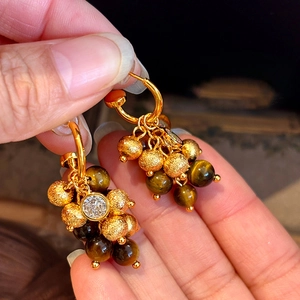 Vintage zircon tiger eye stone tassel earrings with gold matte metal beads for women