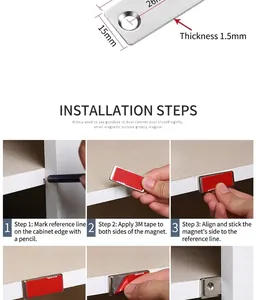 Détail du loquet magnétique de 1,5mm avec dimensions et guide d'installation étape par étape