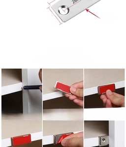 Macro detail of 1.5mm thin magnetic door catch with dimensions and installation guide