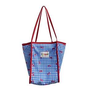 Plaid tote bag with red bow prints and FUTURE label, blue and white checkered pattern