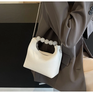 Detail of white lychee pattern mini bag with pearl bead handle and silver chain strap