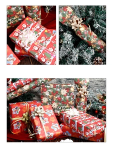 Close-up of assorted Christmas wrapping paper with Santa, snowman and bell patterns