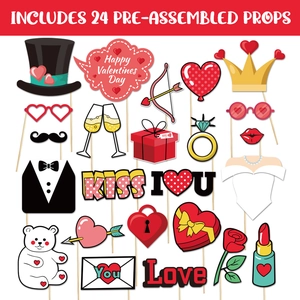 24-piece pre-assembled Valentine's Day photo booth props set for party decorations