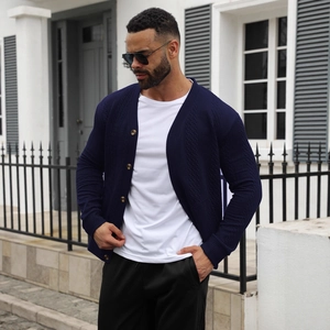 Cardigan En Maille Pour Homme Polyester Élasthanne Manches Longues Boutonné Col En V Motif Jacquard Coupe Ajustée Chaud
