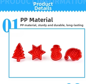 Detail of red PP plastic Christmas cookie molds featuring tree, snowflake, and snowman shapes