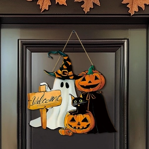 Cartel de madera de Halloween con fantasma y calabaza y texto Welcome para decoración