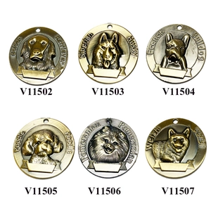 Vintage bronze pet ID tags with 3D embossed dog breeds and custom name banner