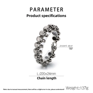 Detailed parameter chart for ancient silver skull bracelet with 220mm length and 24mm width