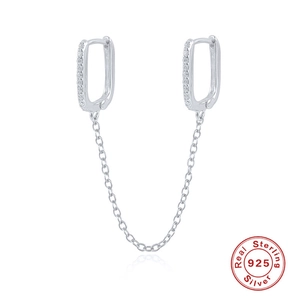 S925 sterling silver U-shaped double hoop earrings with cubic zirconia chain link