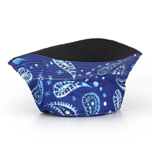 Detailed view of dark blue paisley fisherman hat with white patterns and reinforced stitching