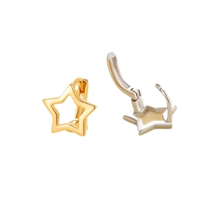 Minimalist star shaped cutout hoop earrings in gold and silver finish on white background