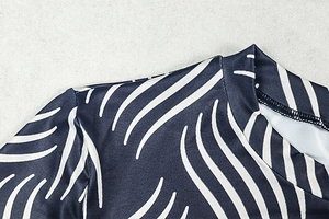Close-up of the high-neck collar and shoulder seam on a navy blue striped knit top