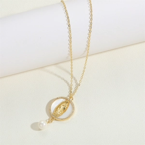 14K gold plated Virgin Mary pendant necklace with sparkling zircons and pearl drop