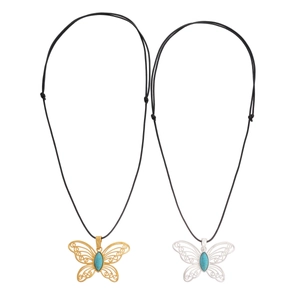 Ethnic style hollow butterfly pendant necklace with turquoise stones on black cord