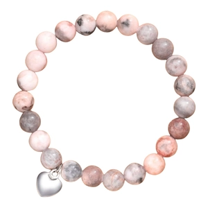 Bracelet en pierres naturelles roses et zèbres avec breloque cœur argenté sur fond blanc