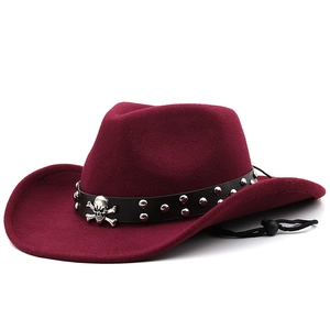 Burgundy wool wide brim cowboy hat with skull rivet leather band and windproof chin strap