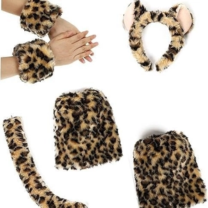 Five-piece leopard print plush faux fur cat ears, tail, gloves and leg warmers set
