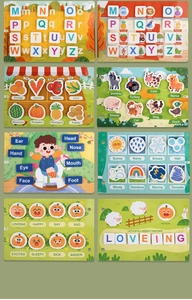 Detail view of colorful early education busy book featuring alphabet and cognitive puzzles
