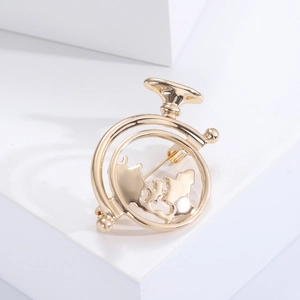Golden globe armillary sphere brooch pin for women suit with 3D metallic details