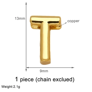 Detail of 13mm gold letter T charm made of copper with product weight and size labels
