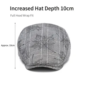 Gray plaid newsboy cap with black maple leaf pattern and deep 10cm crown design