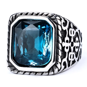 Vintage stainless steel ring with rectangle blue gemstone and carved celtic patterns