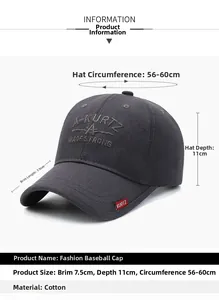 Detailed size specifications for dark grey cotton baseball cap with A-KURTZ embroidery