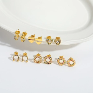 Golden stud earrings with colorful zircons in heart, rabbit, and floral shapes