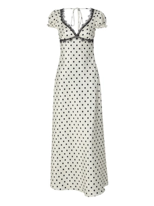 Abito midi a pois con scollo a V, inserti in pizzo e maniche a sbuffo color crema e nero