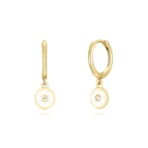 Macro view of gold S925 silver earrings with white enamel charms and central cubic zirconia