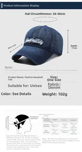 Size chart for vintage denim baseball cap showing brim measurements and head circumference