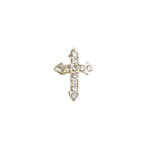 Exquisite 3D gold alloy cross nail art charm with clear rhinestones on white background