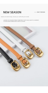 Flat lay of four slim genuine leather belts for women in black, orange, white, and brown