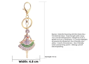 Detailed dimensions of dancing girl keychain with green and purple Czech rhinestones