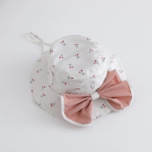 Kids quick-dry sun hat with cherry print and large bow, adjustable chin strap