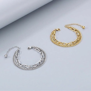 Double Layer Chain Bracelet Stainless Steel Paperclip And Curb Spliced Link Adjustable Fashion Jewelry For Women