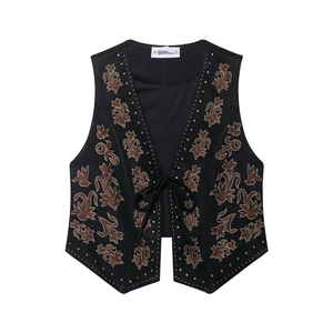 Bohemian black suede V-neck vest with brown floral embroidery and golden rivet details