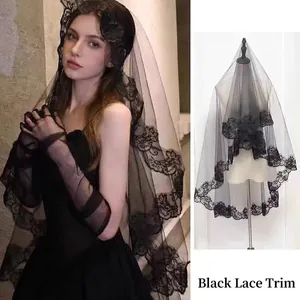 Gothic black long bridal veil with exquisite floral lace trim and sheer mesh fabric