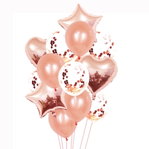 Set 14 ballons Or Rose avec cœurs et étoiles en aluminium pour décor de fête