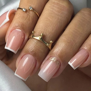 French White Tip Press On Nails Square Gold Glitter Nude Pink Artificial False Fingernails For Women Elegant