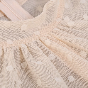 Detail of beige lace dress featuring hollow-out mesh with polka dots and seamless zipper